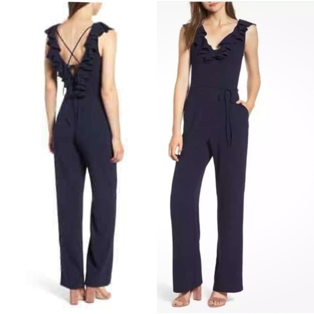 🇪🇸🐠 Wayf Romantic Ruffle V-Neck Jumpsuit with Lace-Up Back & Slim Waist Tie